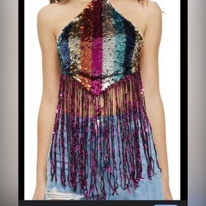 Hot & Delicious Multicolor Sequin Fringe Halter Crop Top with Pink Accent